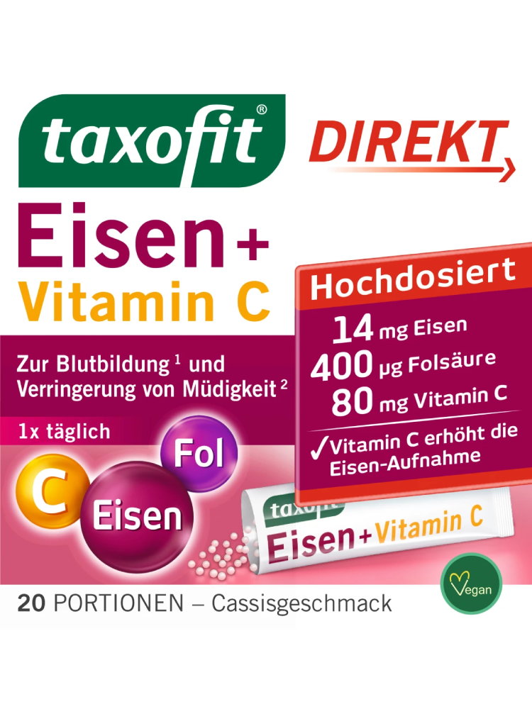 taxofit Granulés directs Fer + Acide folique + Vitamine C (20 pièces), 22 g