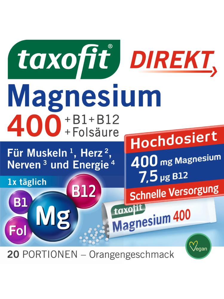 taxofit Granulés directs Magnésium 400 + B1 + B6 + B12 + Acide folique 800, 20 pièces, 40 g