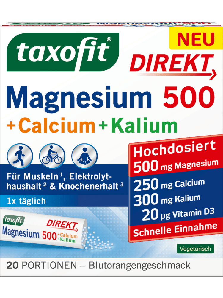 taxofit Granulés directs Magnésium 500 + Calcium & Potassium, 20 pièces, 62 g