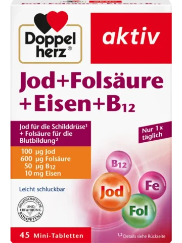 Doppelherz Comprimés Iode + Acide folique + Fer, 45 comprimés, 20,4 g