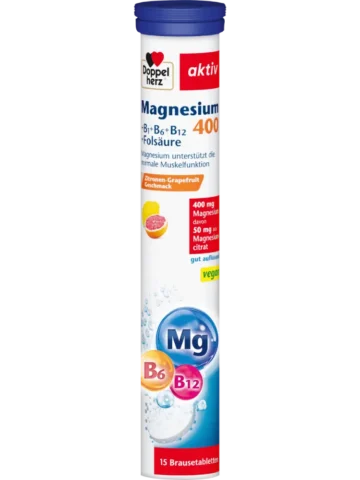 Doppelherz Magnésium 400 + Vitamines B6, B12 et Acide Folique Comprimés Effervescents, 15 unités, 97,5 g