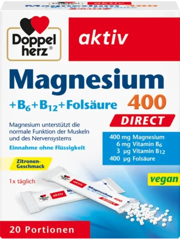 Doppelherz Magnésium 400 + Vitamines B6 + B12 + Acide folique granulés directs, 20 pièces, 24 g