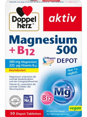 Doppelherz Comprimés Magnésium 500 + B12 Dépôt 2 phases, 30 comprimés, 51 g