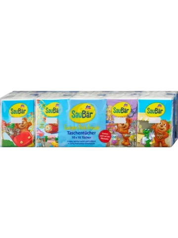 SauBär Mouchoirs pour enfants Pocket, 4 épaisseurs (10x10 pièces), 10 paquets